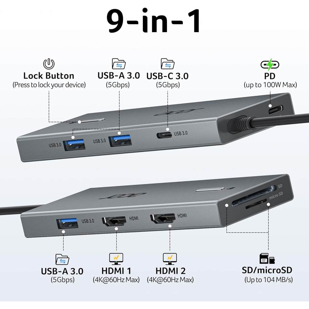Acer 9-in-1 USB-C Docking Station for Dual Monitors | 4K@60Hz HDMI & 100W PD Charging