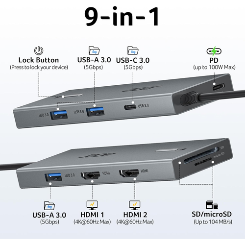 Acer 9-in-1 USB-C Docking Station for Dual Monitors | 4K@60Hz HDMI & 100W PD Charging