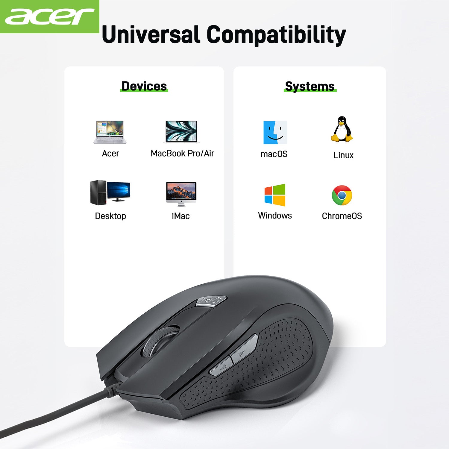 Acer Mouse OMW313 Acer Wired Mouse, 4 Adjustable DPI USB Computer Mouse with Side Buttons, 5FT Cord, 6 Buttons, 3200 DPI, Compatible with Laptop, iMac, PC, Desktop