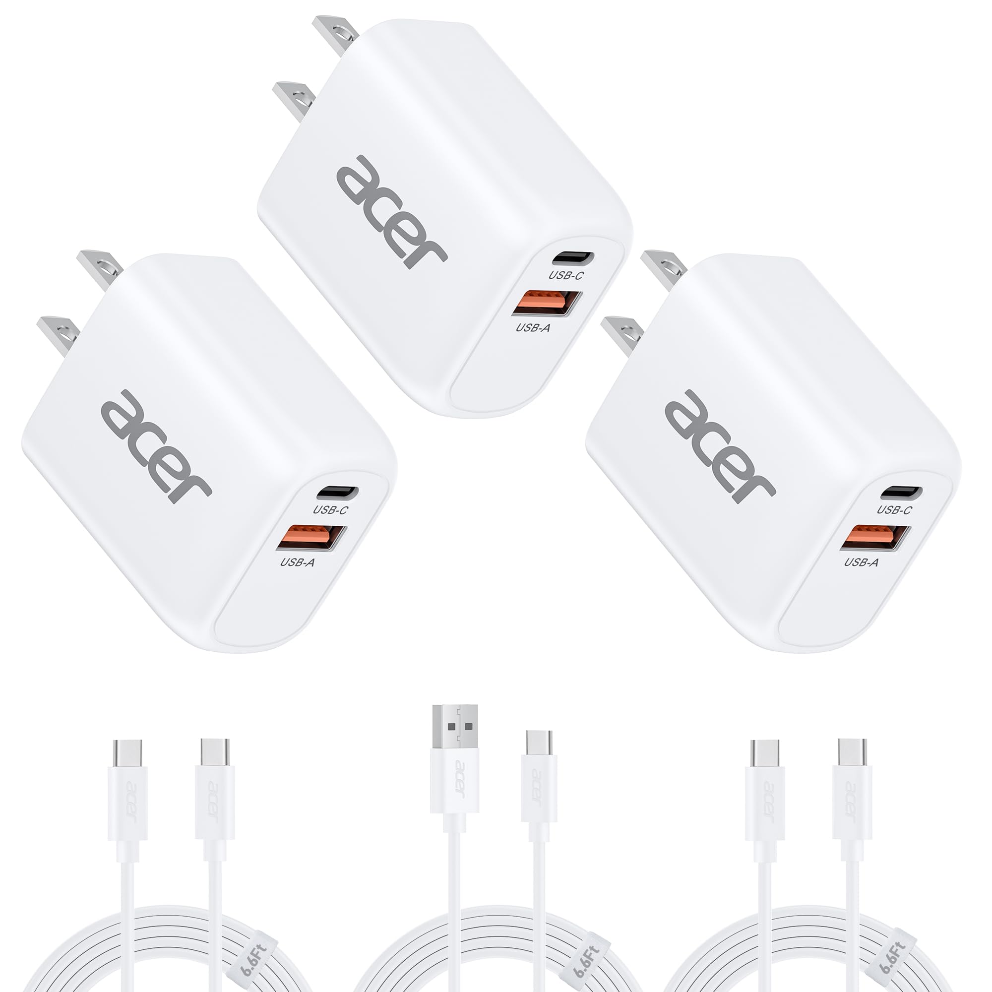 Acer 20W Dual-Port USB Charger | USB-C & USB-A Charging Cables
