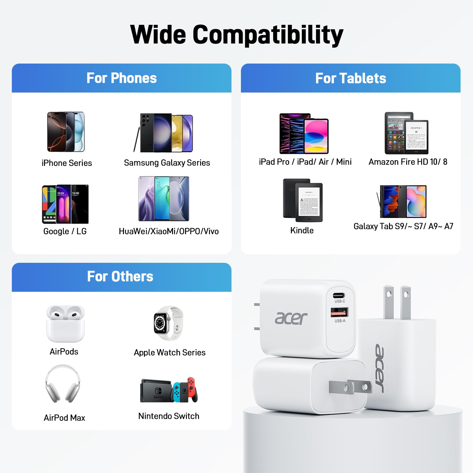 Acer USB C Charger Block,  20W Dual Port Type C Fast Charging, Wall Plug Adapter with 3-Pack 6.6FT Fast Power Cables Compatible with iPhone 16/15/ iPad Pro/ Air/ AirPods iwatch, Galaxy