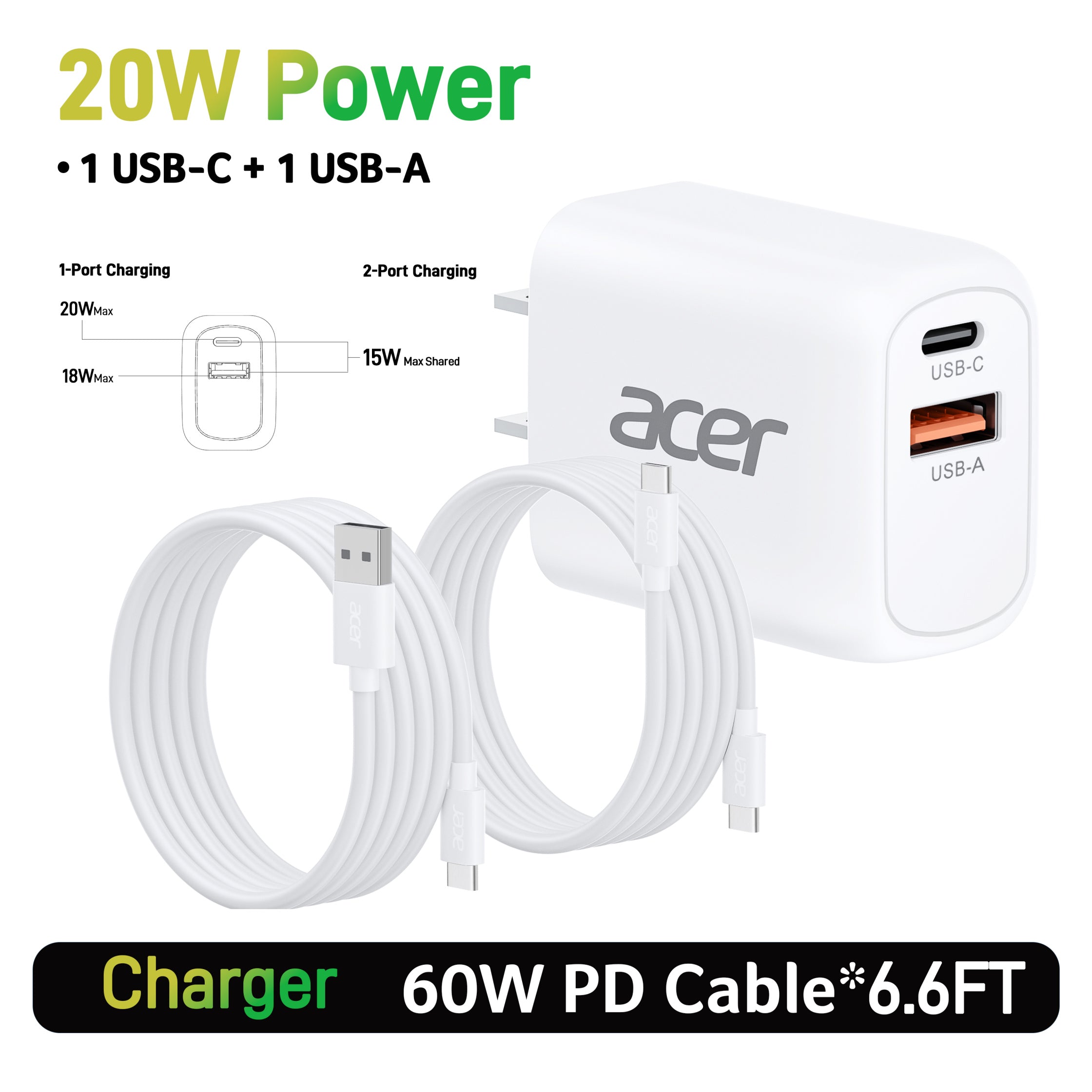 Acer USB C Charger Block,  20W Dual Port Type C Fast Charging, Wall Plug Adapter with 3-Pack 6.6FT Fast Power Cables Compatible with iPhone 16/15/ iPad Pro/ Air/ AirPods iwatch, Galaxy