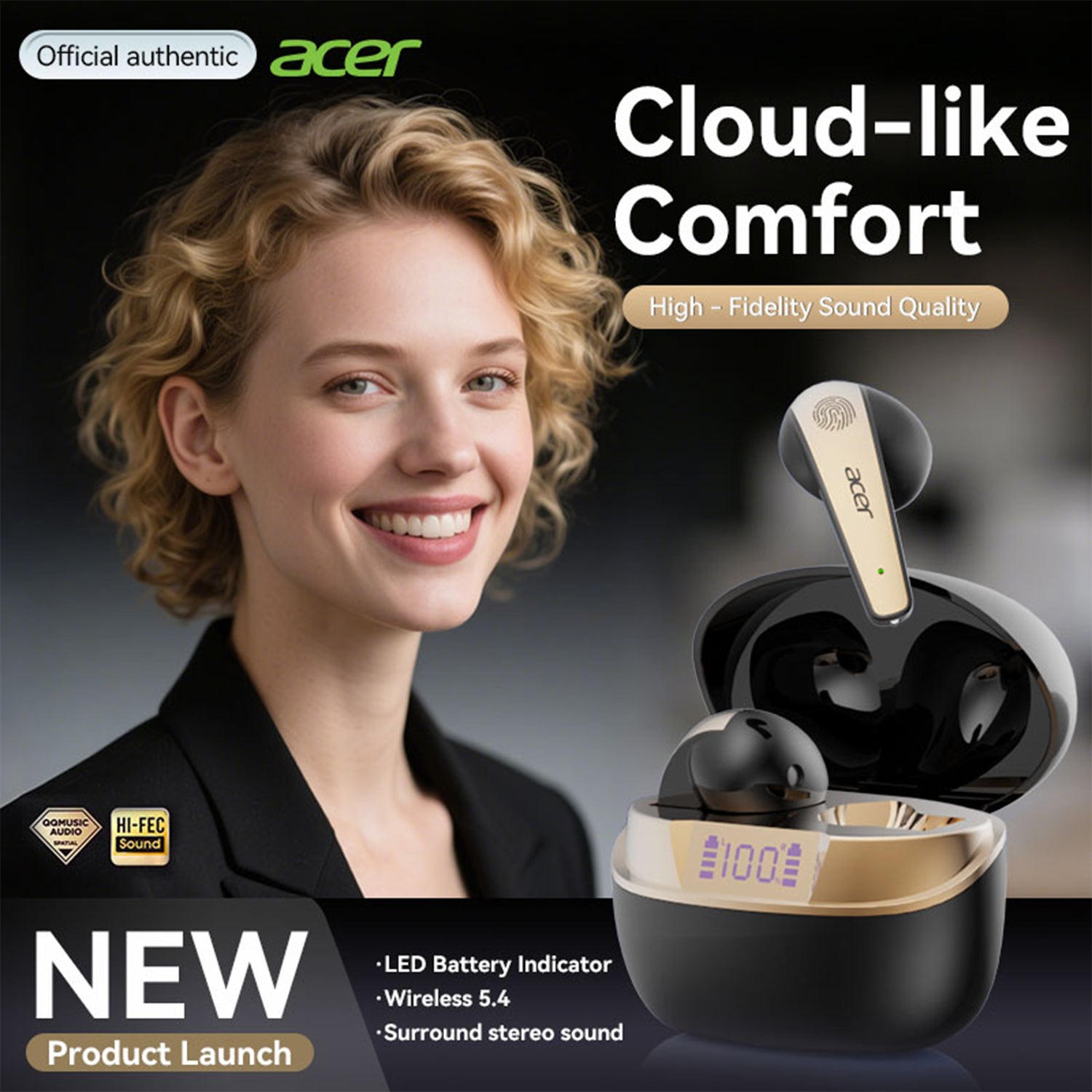 Acer OHR554 Wireless Earbuds HiFi High-definition Stereo Sound Extra Large Dynamic Circle
