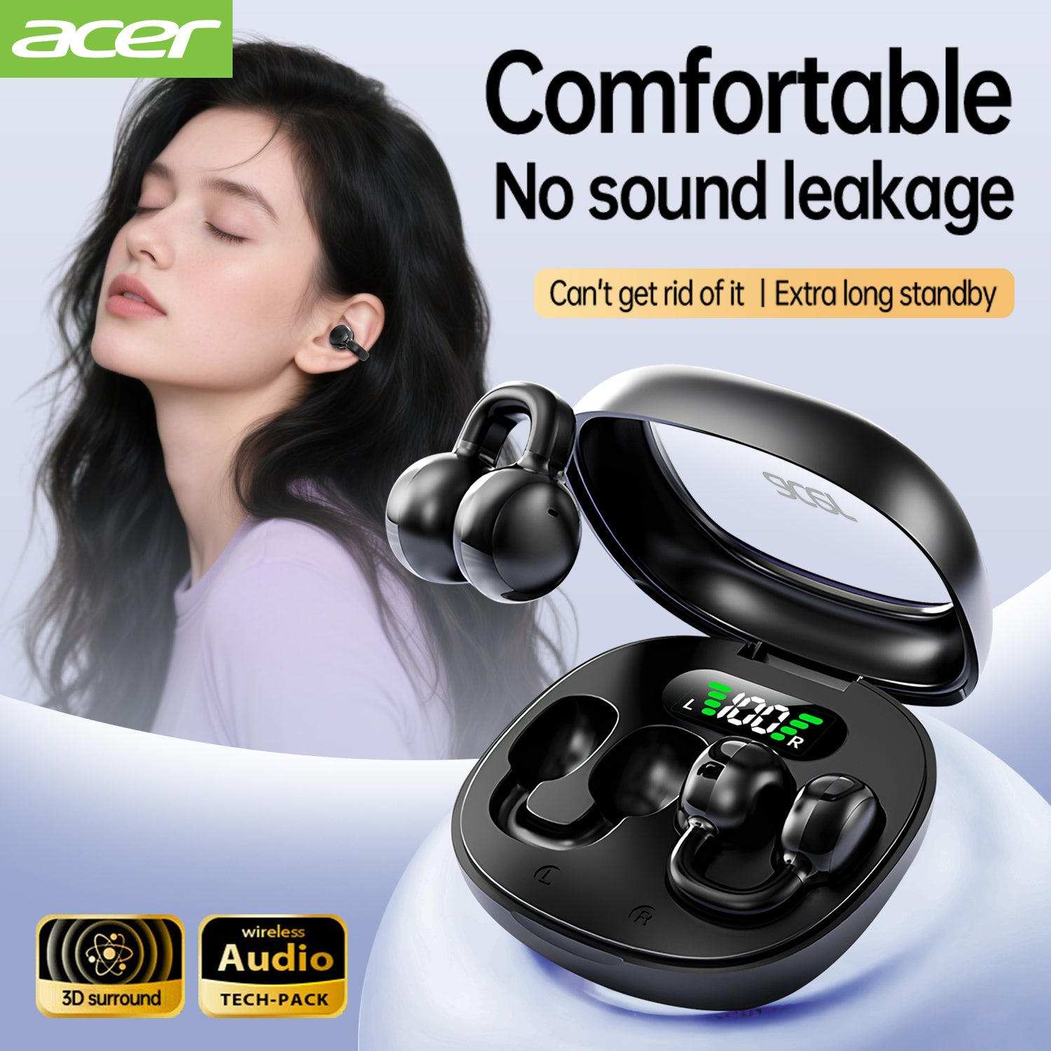 Acer OHR537 Wireless Earbuds 2025 New Clip On Ear Sports Running Long Life High Sound Quality No Sound Leakage