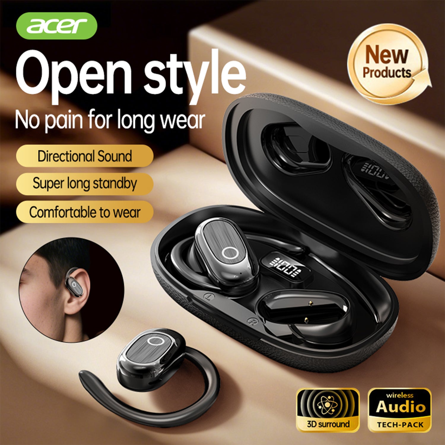 Acer OHR553 Wireless Earbuds 2025 New Clip On Ear Leather And Plating Non-ear Style Without Pain