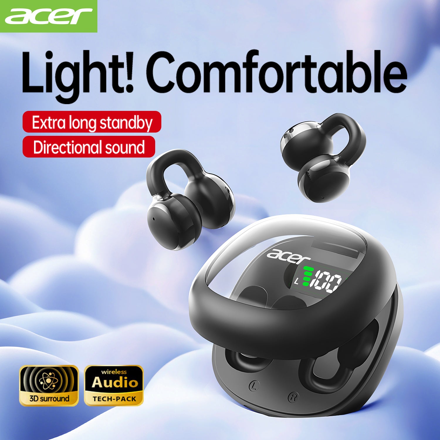 Acer OHR537 Wireless Earbuds 2025 New Clip On Ear Sports Running Long Life High Sound Quality No Sound Leakage